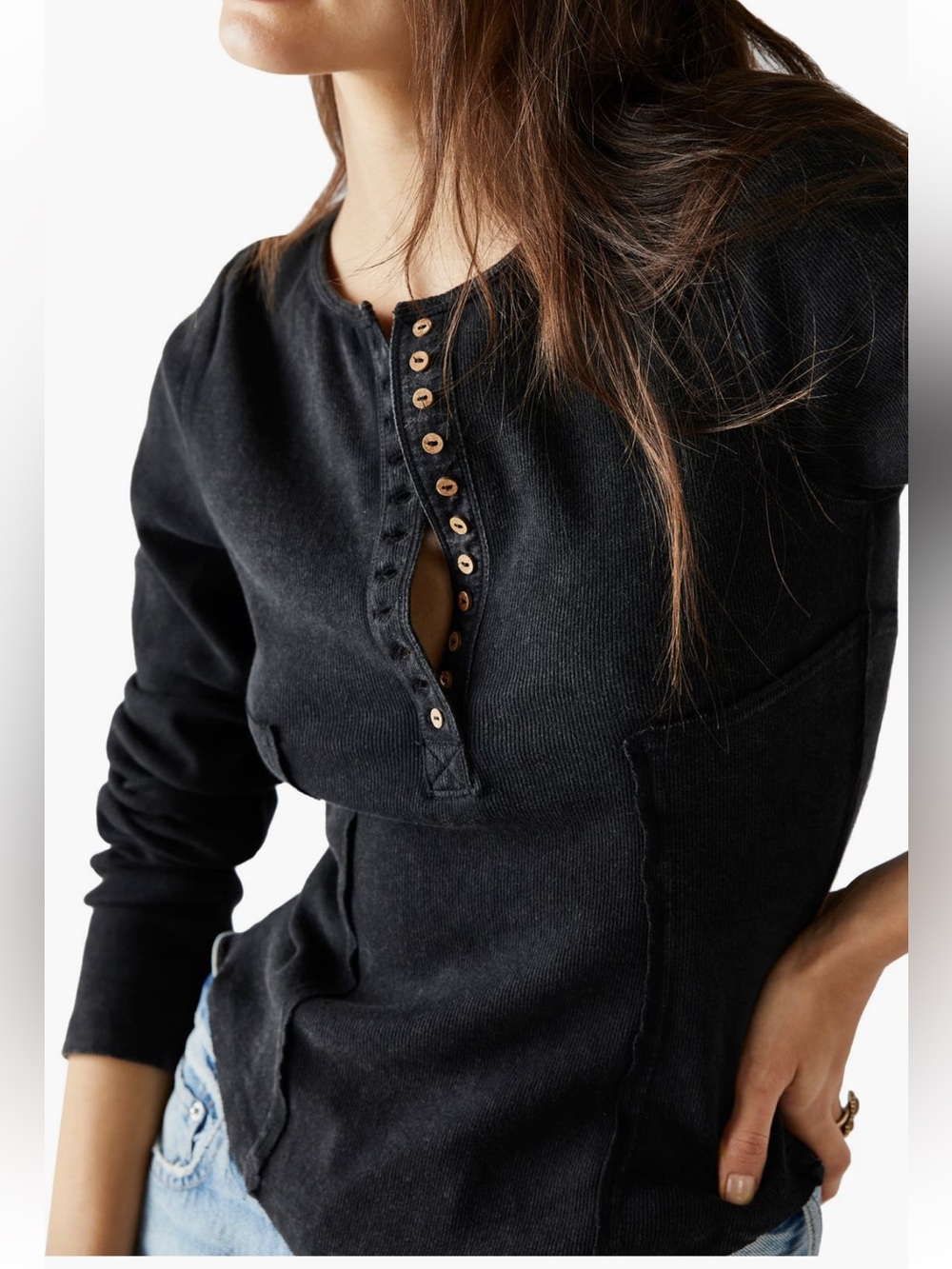 Free People NWT We the Free Marea Long Sleeve
Henley Ribbed Stretch Cotton Top